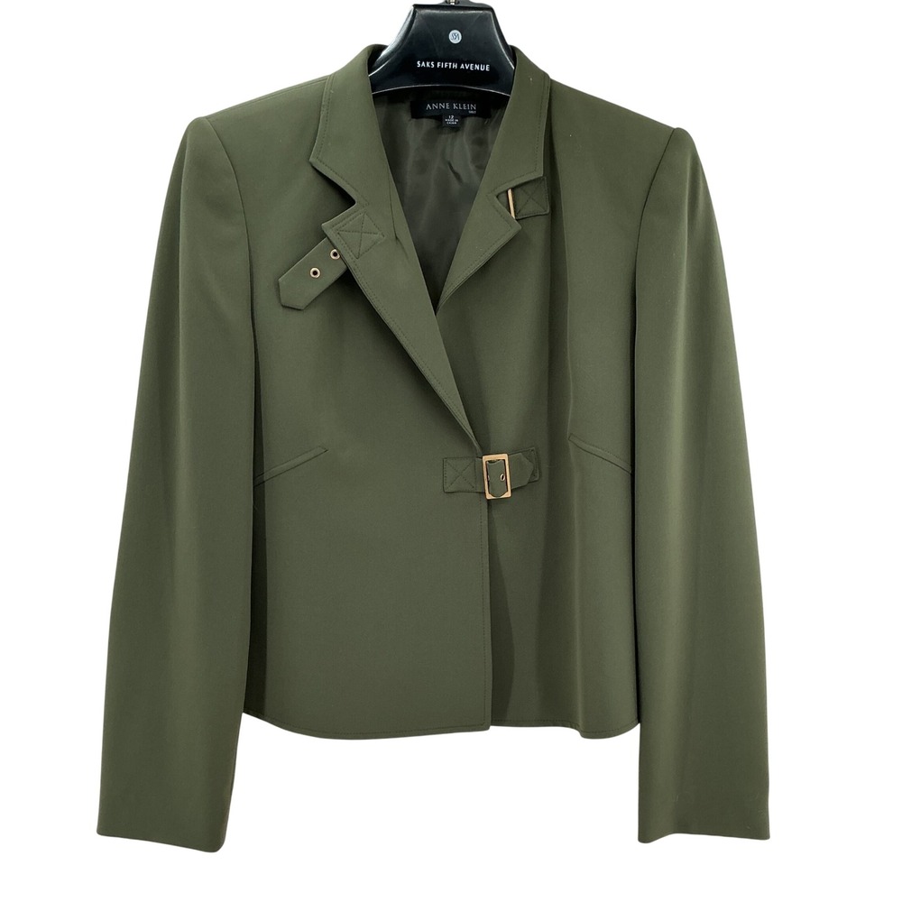 Anne Klein Blazer Womens 12 Olive Green Buckle Closure Military Utility Jacket